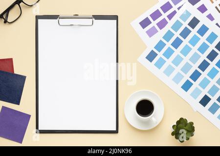 Top view office desk composition graphic designer with clipboard. High quality and resolution beautiful photo concept Stock Photo