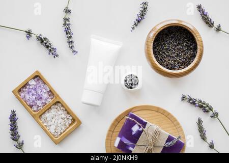 Top view home spa with lavender concept. High quality and resolution beautiful photo concept Stock Photo