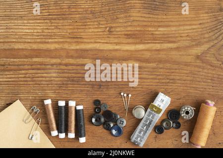 Top view sewing accesories with copy space (1). High quality and resolution beautiful photo concept Stock Photo