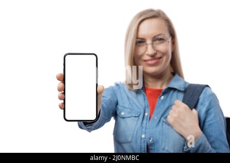 Woman holding white screen mobile Stock Photo