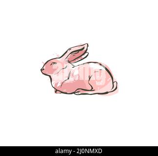 Hand drawn vector abstract ink sketch graphic drawing scandinavian Happy Easter simple bunny illustrations with freehand collage textures in pastel Stock Vector