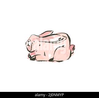 Hand drawn vector abstract ink sketch graphic drawing scandinavian Happy Easter simple bunny illustrations with freehand collage textures in pastel Stock Vector
