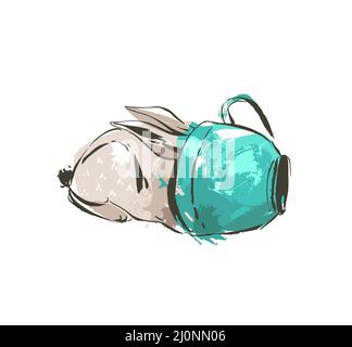 Hand drawn vector abstract ink sketch graphic drawing scandinavian Happy Easter simple bunny in cup illustrations with freehand collage textures in Stock Vector