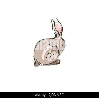 Hand drawn vector abstract ink sketch graphic drawing scandinavian Happy Easter simple bunny illustrations with freehand collage textures in pastel Stock Vector