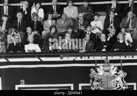 Watford chairman Elton John pictured watching the 1984 FA Cup Final at Wembley Stadium. Final score Everton 2 v Watford FC 0. 19th May 1984. Stock Photo