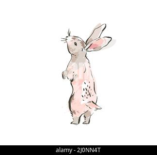 Hand drawn vector abstract ink sketch graphic drawing scandinavian Happy Easter simple bunny illustrations with freehand collage textures in pastel