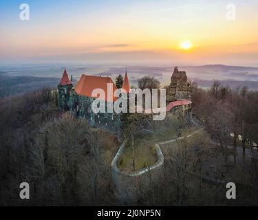 Aerial view of  medieval Grodziec Castle on sunrise, Lower Silesia, Poland Stock Photo