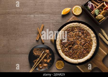 Top view delicious handmade pecan pie table (1). High quality and resolution beautiful photo concept Stock Photo