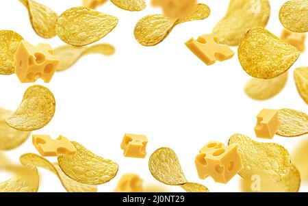 Potato chips with cheese isolated on white background Stock Photo