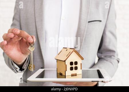 Wooden house tablet close view. High quality and resolution beautiful photo concept Stock Photo