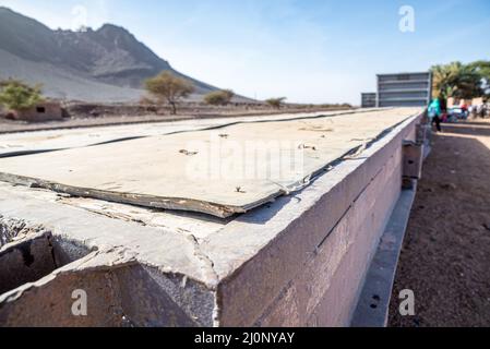 Empty carriage platformof the longest train of the world, Zouerat area, Mauritania Stock Photo