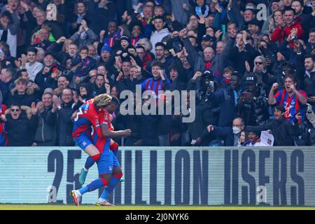 London, UK. London, UK. 20th Mar 2022. London, UK. 20th Mar 2022. 20th March 2022 ; Selhurst Park, Crystal Palace, London, England; Premier League football, Crystal Palace versus Everton; Marc Gu&#x17d;hi of Crystal Palace celebrates with Conor Gallagher after he scores for 1-0 in the 25th minute Credit: Action Plus Sports Images/Alamy Live News Credit: Action Plus Sports Images/Alamy Live News Credit: Action Plus Sports Images/Alamy Live News Stock Photo