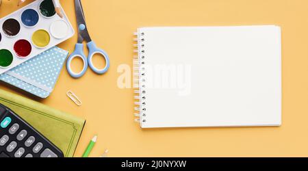 Set of stationery next to sketch pad (1). High quality and resolution beautiful photo concept Stock Photo