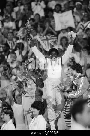 1984 Olympic Games in Los Angeles, USA. Great Britain's Tessa Sanderson celebrates on the podium after winning the gold medal in the Women's Javelin event.  6th August 1984. Stock Photo