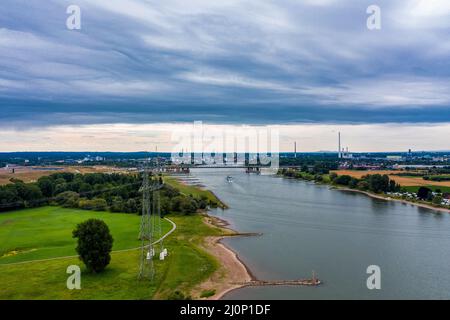 Panoramic view of the A1 motorway bridge on the Rhine near Leverkusen. Drone photography. Stock Photo