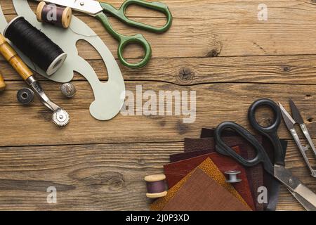 Top view scissors with thread thimble. High quality and resolution beautiful photo concept Stock Photo