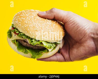 Man holding cheeseburger with seeds. High quality and resolution beautiful photo concept Stock Photo