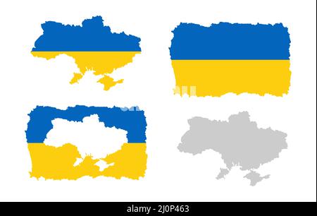 Vector set of maps of Ukraine, various outline stroke maps, map in the form of a flag. pray for Ukraine , save Ukraine Stock Vector