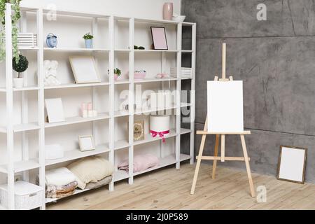 Modern bright bookshelf with decoration . High quality and resolution beautiful photo concept Stock Photo