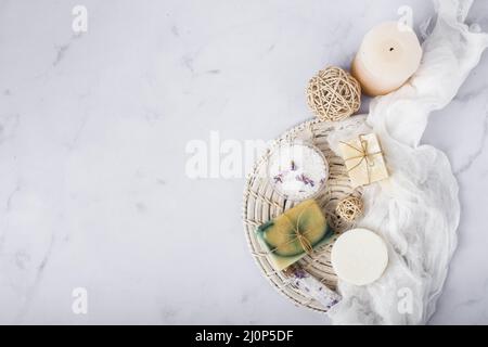 Top view frame with soap candle marble background. High quality and resolution beautiful photo concept Stock Photo
