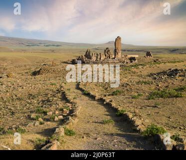 Morning sun at road Ani Ruins. Ani is a ruined and deserted medieval Armenian city in the province of Kars. Turkey travel destinations. Stock Photo