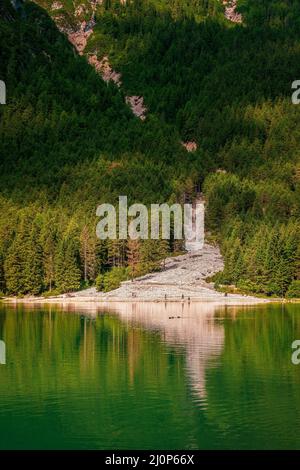 Panoramic view of Lake Dobbiaco ( Toblacher See ) in the Dolomites Stock Photo