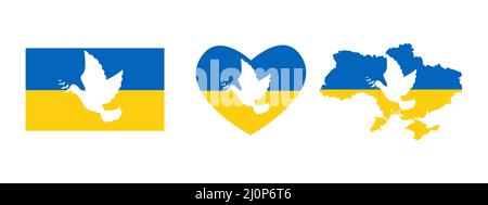 Pray for Ukraine. stop the war. Flying peace dove with olive branch logo symbol Stock Vector