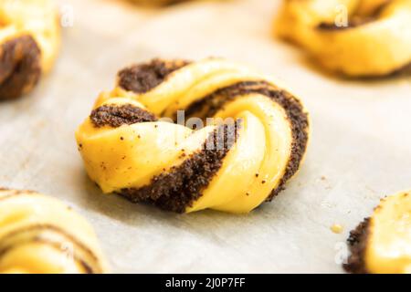 Raw buns rolls in bread bakery Stock Photo