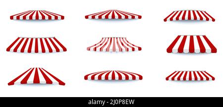 Outdoor canopies red and white umbrella, for cafes and shop windows isolated set Stock Vector