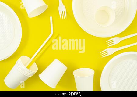 Various white plastic disposable tableware. High quality and resolution beautiful photo concept Stock Photo