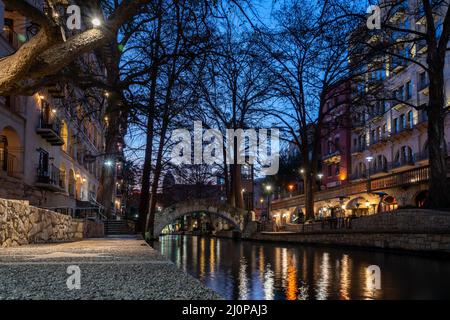 Low Angle View of the San Antonio River Walk Early in the Morning Stock Photo