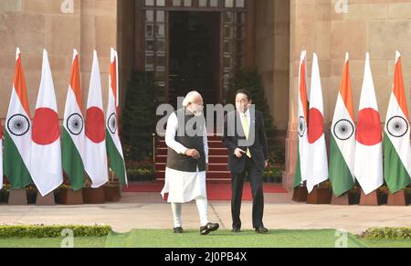 Indian Prime Minister Narendra Modi (R) greets his Japanese counterpart Fumio Kishida before their meeting in New Delhi, India on March 19, 2022. (Photo by Sondeep Shankar/Pacific Press/Sipa USA) Stock Photo