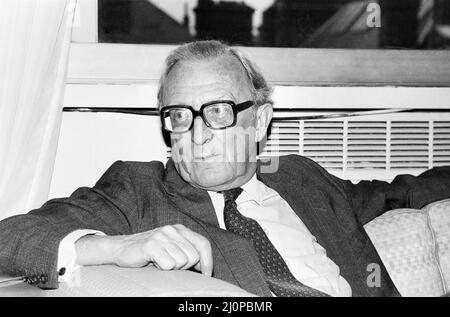 Former Foreign Secretary Lord Carrington pictured during an interview with Sunday Mirror reporter John Knight.  27th January 1984.   Carringtonobit Stock Photo