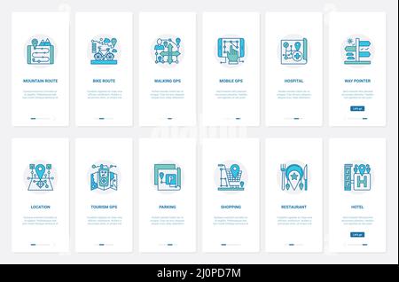 Gps location of destination points, tourism service vector illustration. UX, UI onboarding mobile app page screen set with line direction for walking cycling in mountains, gps walk route, way pointer Stock Vector