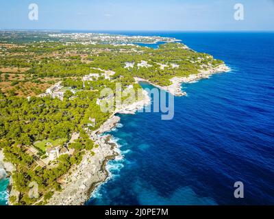 Panorama beach bay Cala Mondrago Mallorca Balearic Islands Spain. Stock Photo