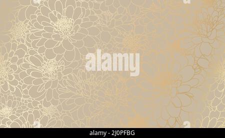 Digital vector illustration - golden chrysanthemum flowers in hand drawn line art on beige background. Luxurious art deco wallpaper design for print, poster, cover, banner, fabric, invitation. Stock Vector
