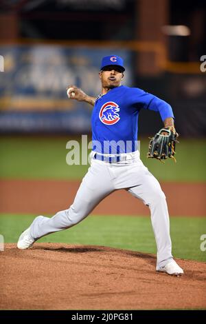 Chicago Cubs pitcher Marcus Stroman (0) pitches against the San Francisco  Giants during a MLB spring training baseball game, Saturday, Mar 19, 2022,  in Scottsdale, Ariz. (Chris Bernacchi/Image of Sport/Sipa USA Stock