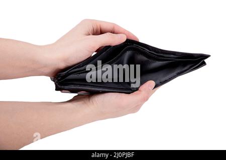 A man holds an empty open wallet in his hands on a white background close-up Stock Photo