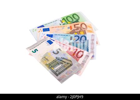 Euro banknotes of different denominations lie in a fan isolated on a white background close-up Stock Photo