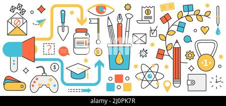 Creative business solutions and ideas. Abstract success strategy, education and project managers tools, goal achievement and megaphone announcement in infographic concept banner, thin line art design Stock Vector