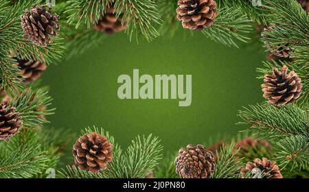 Christmas background, frame made of fir tree branches and cones Stock Photo