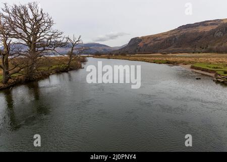 Surroundings after the Chinese bridge, river Derwent, Keswick, Cumbria, Lake District Stock Photo