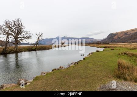 Surroundings after the Chinese bridge, river Derwent, Keswick, Cumbria, Lake District Stock Photo