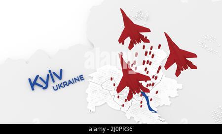 3d stylized schemitic map of Kyiv Kiev capital cyty of Ukraine with jetfighters bombing it Stock Photo