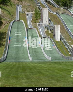 Planica Ski jumping hills in the summer. The Planica Nordic Centre. Julian Alps. Slovenia. Europe. Stock Photo