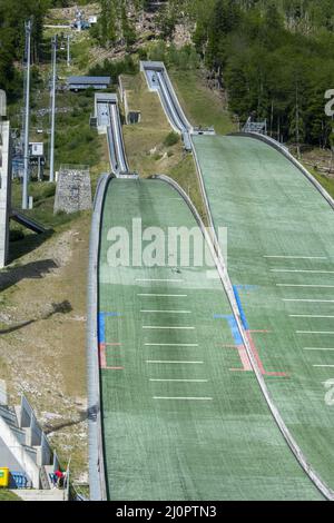 Planica Ski jumping hills in the summer. The Planica Nordic Centre. Julian Alps. Slovenia. Europe. Stock Photo