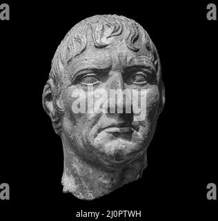 Head of noble roman statue. Ancient sculpture isolated on black background. Classic antiquity man portrait Stock Photo