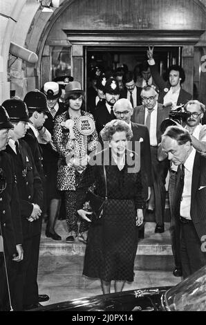 Prime Minister Margaret Thatcher leaving Hendon Town Hall after the general election count for her Finchley constituency. 10th June 1983 Stock Photo