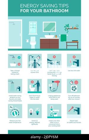 Energy saving tips for your bathroom: how to lower your utility bills and make your life more environmentally friendly, bathroom interior and icons se Stock Vector