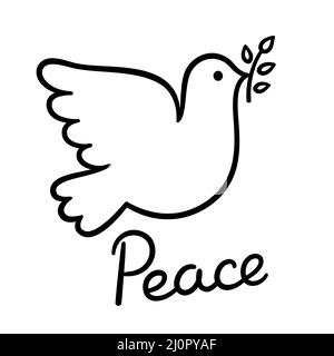 Dove of peace with olive branch. Simple hand drawn outline, vector illustration. Stock Vector